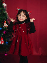 1pc Red Velvet Puff Sleeve Beaded Princess Dress For Young Girls, Autumn/Winter